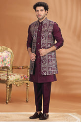Wine Purple Silk Embroidered Indo Western Jacket Set